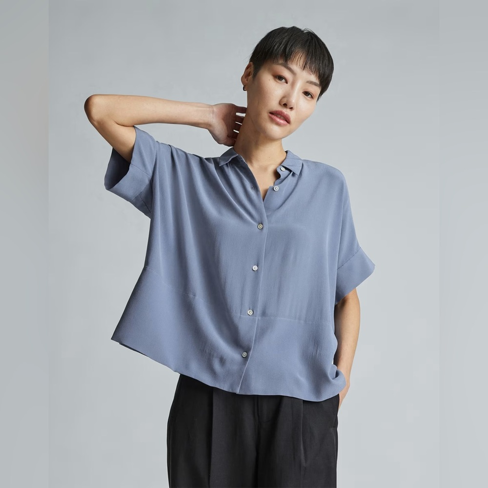 Everlane French Blue The Clean Silk Short-Sleeve Square Shirt